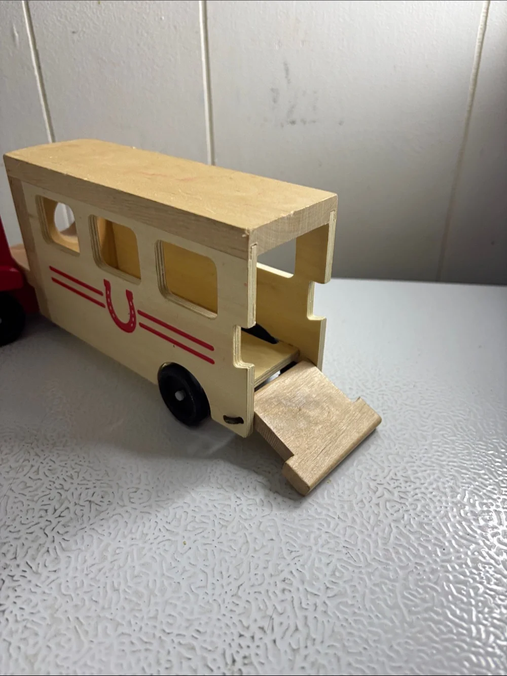 Wooden Red Truck with Beige Trailer Kids Toy